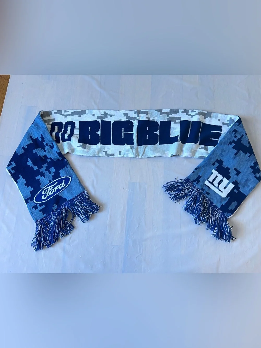 New York Giants Go Big Blue knitted scarf reversible camo fringes Ford giveaway